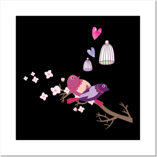 Love birds Cherry Blossom Posters and Art